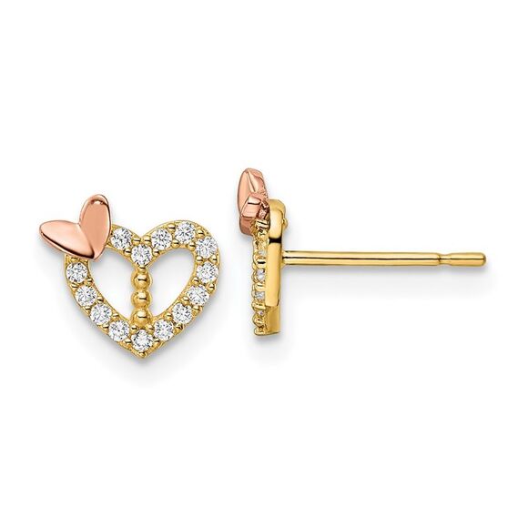 Kazi Luxury 14k Two-tone CZ Heart w/Butterfly Post Earrings